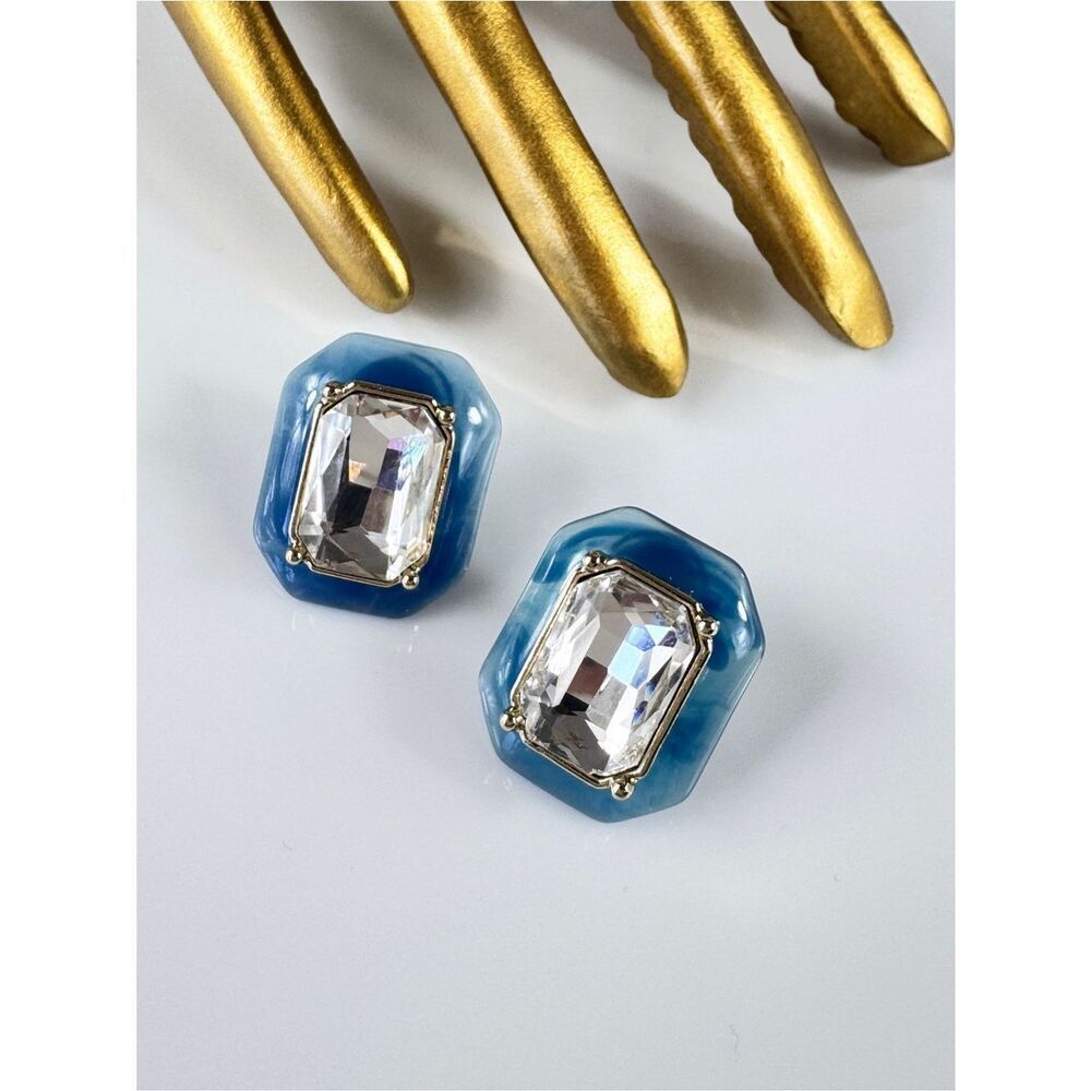 Nordstrom Blue Resin Stud Earrings with Clear Crystal Centers